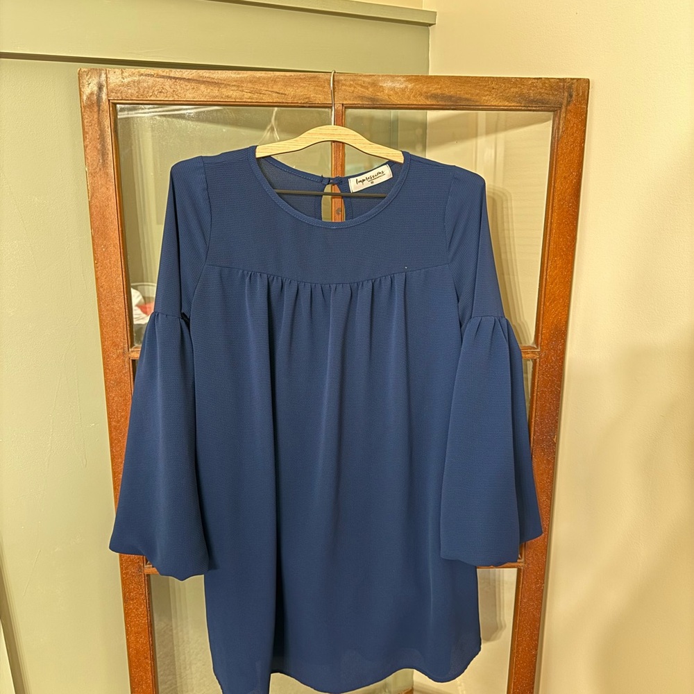Impressions Women’s Blue Silky Midi Dress with Bell Sleeves - Size Medium